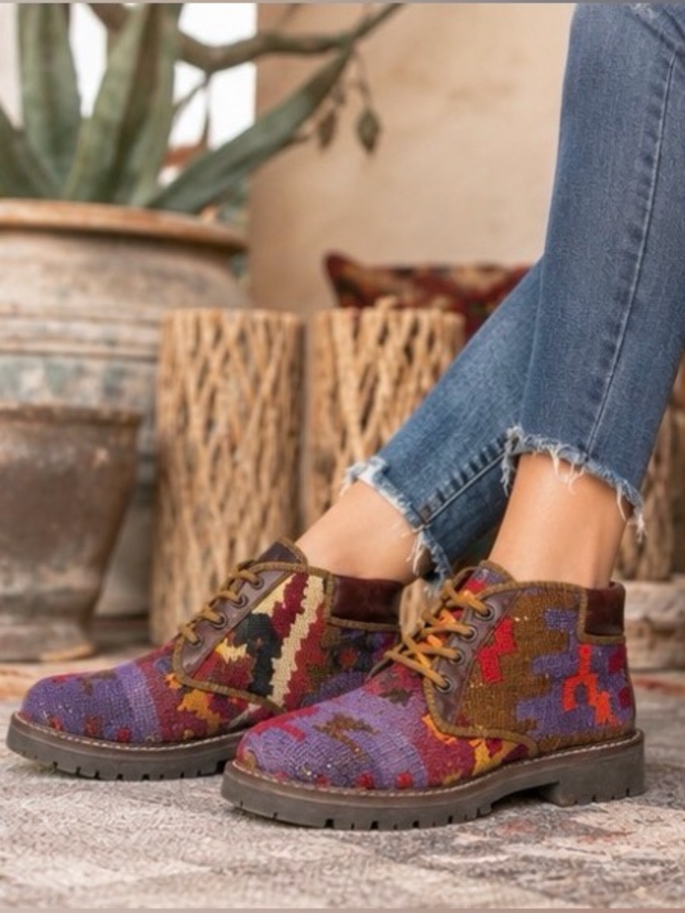 Prestige Artisanal Kilim Wool Aztec Rug Multi Ankle Boots Leather Trim Sz 7